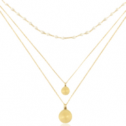 Stainless steel necklaces 3 layer coin & pearl Gold