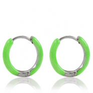 Stainless steel earrings creole enamel 14mm Bright Green-Silver