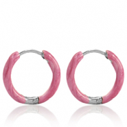 Stainless steel earrings creole enamel 14mm Punch Pink-Silver