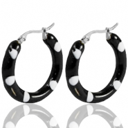 Stainless steel earrings creole enamel 40mm Black White-Silver