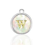 Stainless steel charms 12mm shell initial W White (natural colour)-Silver