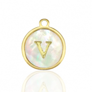 Stainless steel charms 12mm shell initial V White (natural colour)-Gold