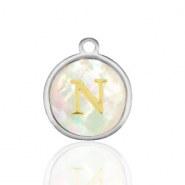 Stainless steel charms 12mm shell initial N White (natural colour)-Silver
