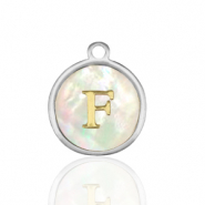 Stainless steel charms 12mm shell initial F White (natural colour)-Silver