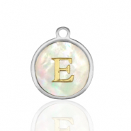 Stainless steel charms 12mm shell initial E White (natural colour)-Silver