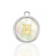 Stainless steel charms 12mm shell initial B White (natural colour)-Silver