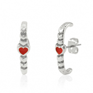 DQ European metal findings earrings heart Antique Silver-Red (nickel free)