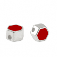 DQ European metal beads hexagon Antique Silver-Red (nickel free)