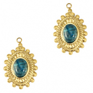 Stainless steel charms oval with natural stone Gold-Marble Blue