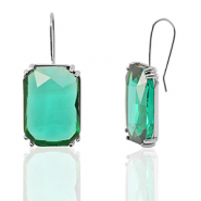 Crystal Glass earrings / earpins rectangle Green-Silver
