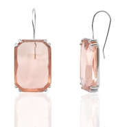 Crystal Glass earrings / earpins rectangle Peach-Silver