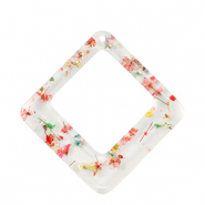 Resin pendants with dried flowers rhombus Gold-Multicolour