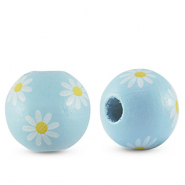 Wooden beads round 16mm flower Light blue
