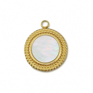 Stainless steel charm shell round Gold-White (natural colour)
