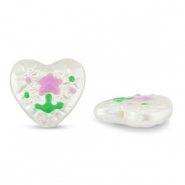 Acrylic beads heart with flower Pearl-Lilac Pink-Green