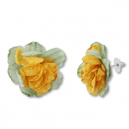 Trendy earrings/earpin chiffon flower Green-Yellow-Silver