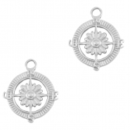 Stainless steel charms compass with flower Silver