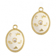 Brass TQ metal charms oval enamel Gold-White