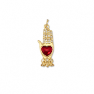 Brass TQ metal charms hand with heart Gold-Red
