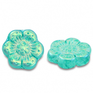 Czech Beads boho flower 14mm Transparent Turquoise Green-AB Coating