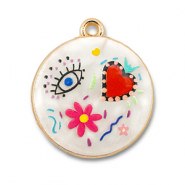 Metal charms with enamel round White-Multicolour-Gold