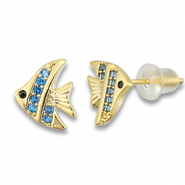 Brass TQ metal earrings / earpins fish Gold-Light Blue