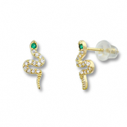 Brass TQ metal earrings / earpins snake Gold-Green