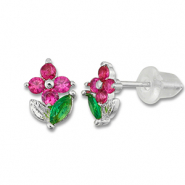 Brass TQ metal earrings / earpins flower Silver-Dark Pink-Green