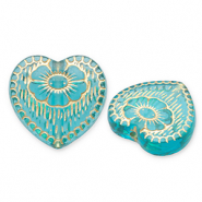 Acrylic beads heart with flowers Teal Blue-Gold