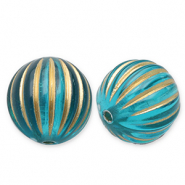 12 mm acrylic beads round with lines Teal Blue-Gold