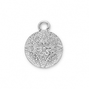 Metal charms round with flower Silver