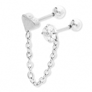 Stainless steel ear piercing heart with chain & strass Silver-Crystal