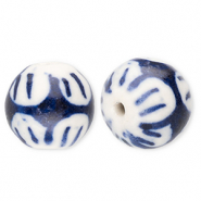 Beads ceramic 12mm with flower Off White-Delft Blue