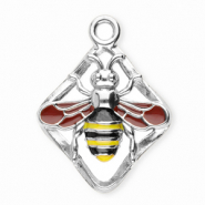 Stainless steel charms rhombus with bee Silver-Rust Red-Black-Yellow