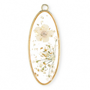 Charms with dried flowers oblong oval Gold-Off White