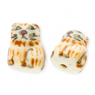 Beads ceramic cat Off White-Light Brown-Black