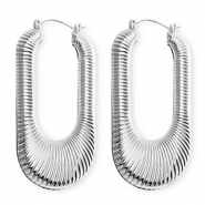 Statement earrings / creoles oval ridged with stainless steel post Silver