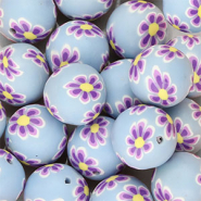 Silicone beads 18mm round with hand-painted flowers Light Blue-Purple-Yellow