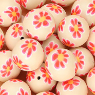 Silicone beads 18mm round with hand-painted flowers Nude Beige-Neon Pink-Orange