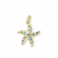 Brass TQ metal charms starfish with rhinestones Gold-Blue