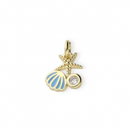 Brass TQ metal charms sealife with rhinestones Gold-Blue-Transparent