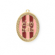 BY31&reg; Eco-brass metal charms with enamel oval Ciao bella"" Gold-Light Pink-Red