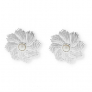 Stainless steel findings earrings&nbsp;/&nbsp;earpins flower with imitation pearl with loop Silver-White