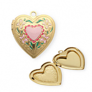 Stainless steel medallion charms with enamel heart with flowers Gold-Pink-Green