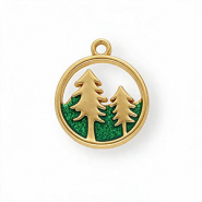 Stainless steel charms with enamel round with trees Gold-Green