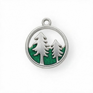 Stainless steel charms with enamel round with trees Silver-Green