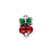 Stainless steel findings connector with enamel cherries with bow Silver-Red-Green