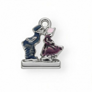 Stainless steel charms with enamel kissing couple Silver-Blue-Purple