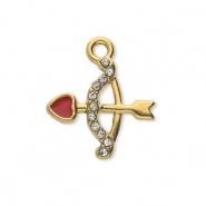 Stainless steel charms with strass bow and arrow Gold-Crystal-Red