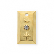 Stainless steel charms with strass rectangle with moon and star Gold-Crystal
